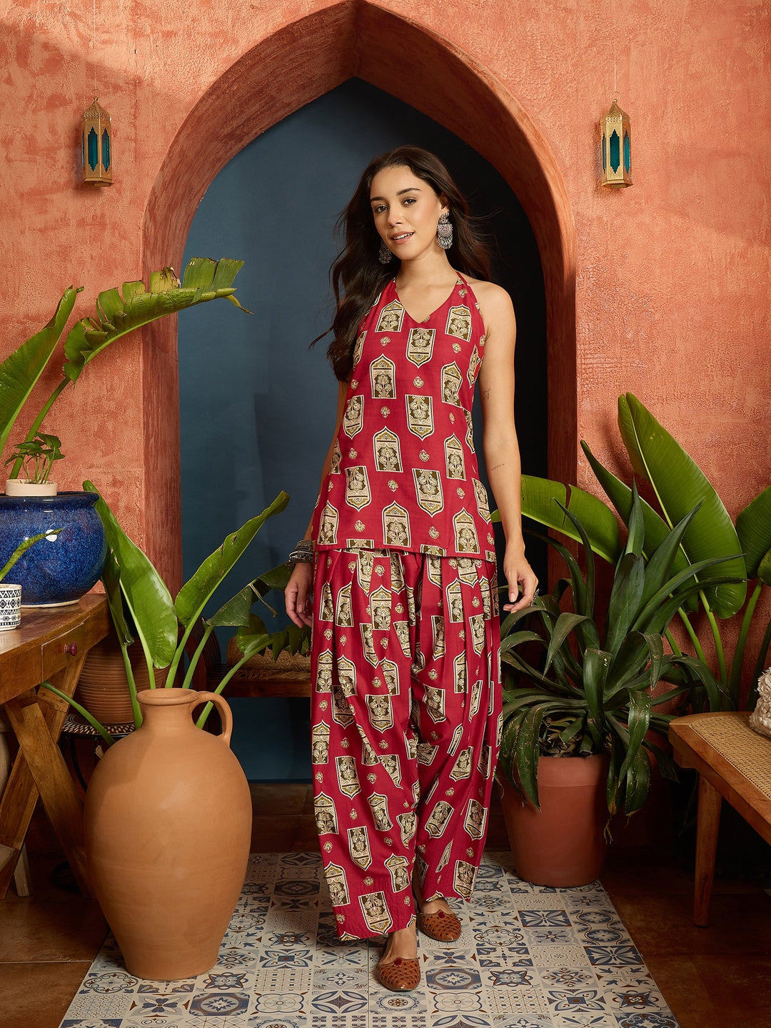 Red Printed Pure Cotton Short Kurti With Farshi Salwar