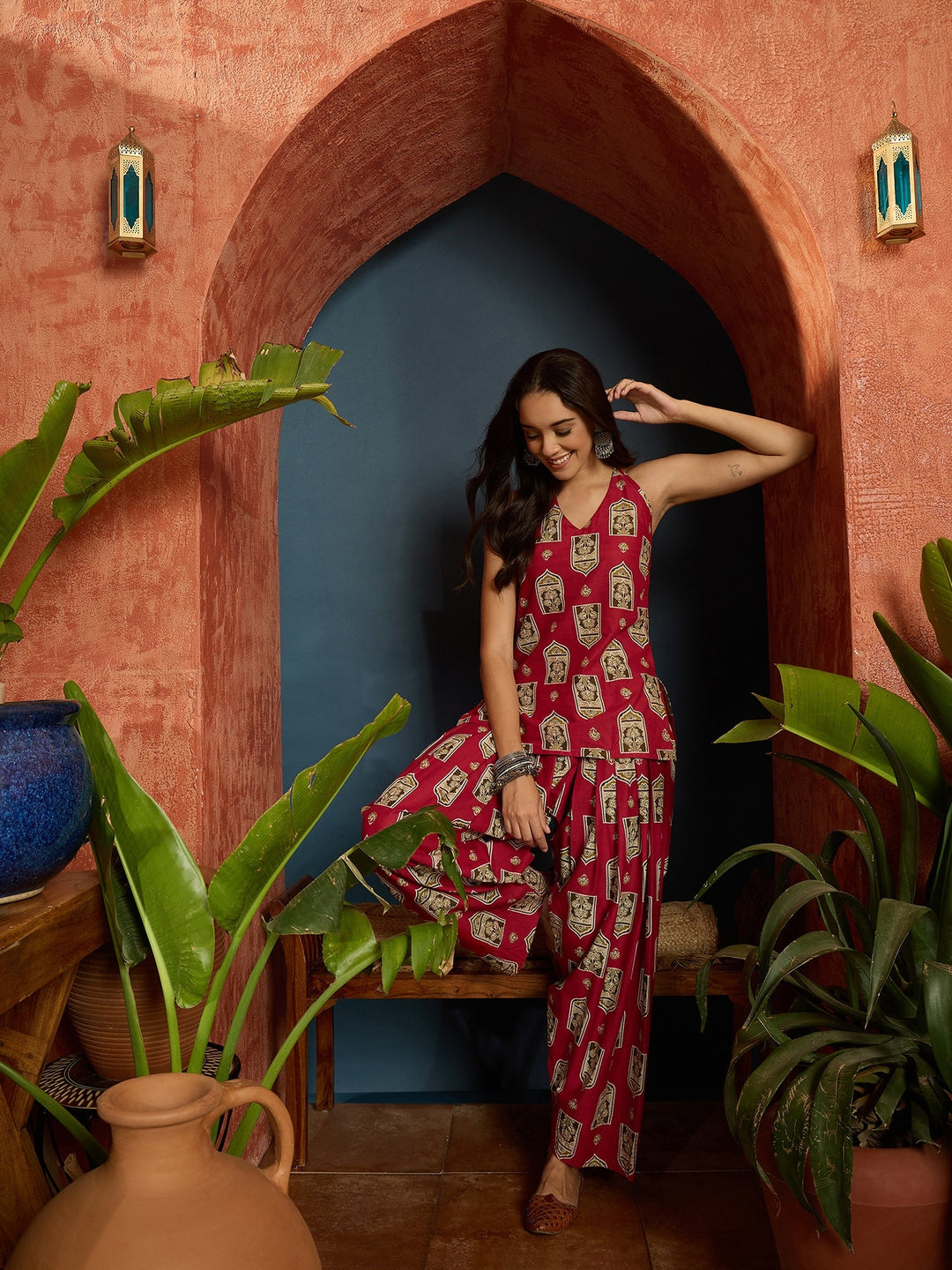 Red Printed Pure Cotton Short Kurti With Farshi Salwar