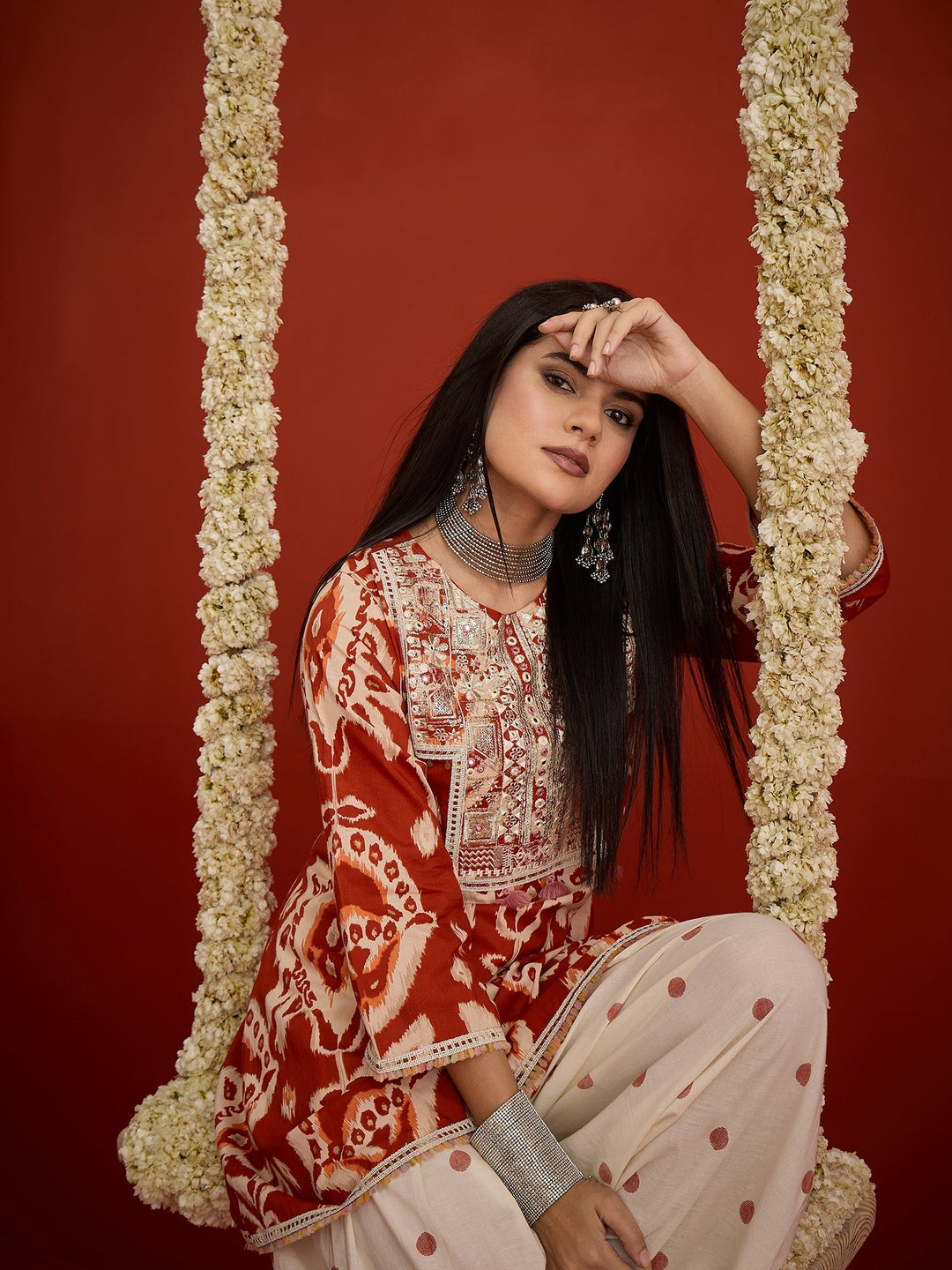 Rust Ikat Printed & Embroidered Cotton A-Line Short Kurti With Farshi Slawar Set