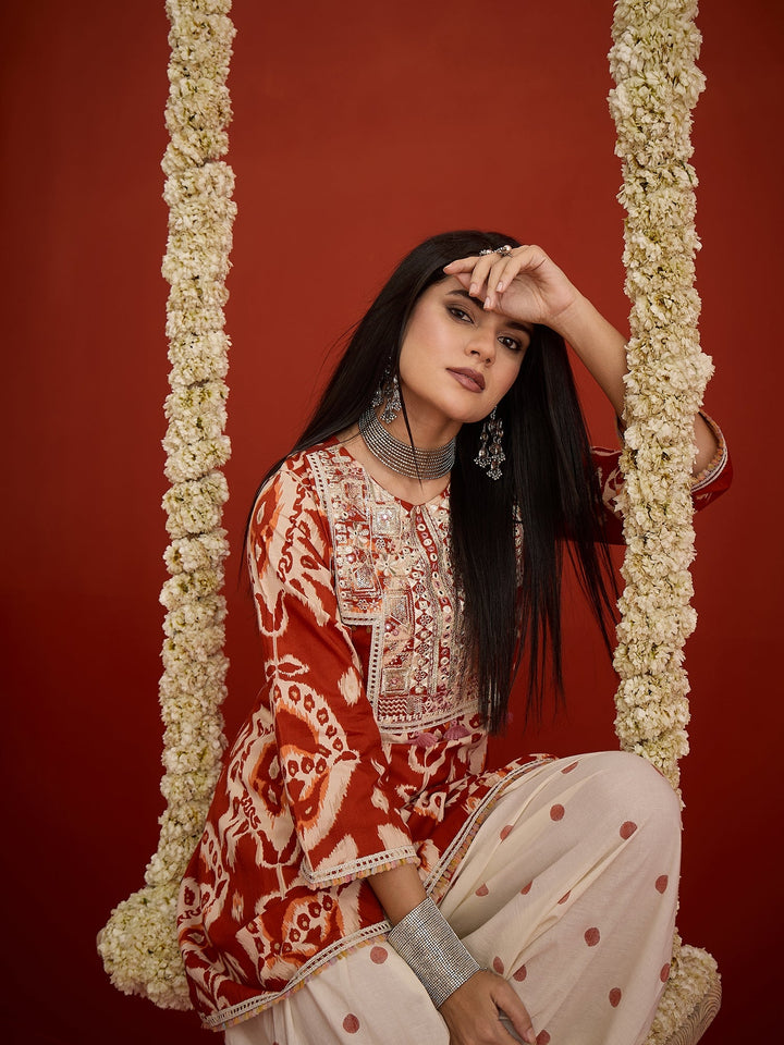 Rust Ikat Printed & Embroidered Cotton A-Line Short Kurti With Farshi Slawar Set