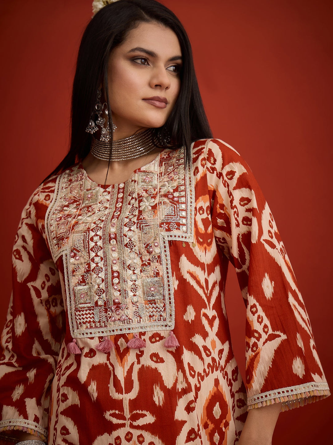 Rust Ikat Printed & Embroidered Cotton A-Line Short Kurti With Farshi Slawar Set