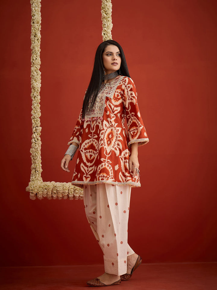 Rust Ikat Printed & Embroidered Cotton A-Line Short Kurti With Farshi Slawar Set