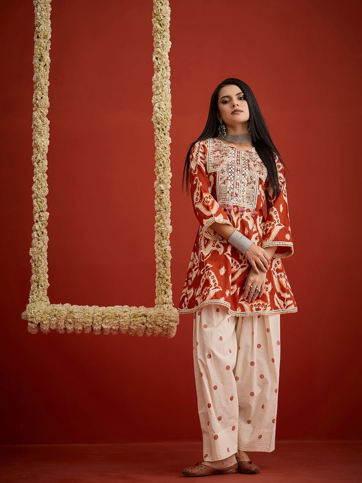 Rust Ikat Printed & Embroidered Cotton A-Line Short Kurti With Farshi Slawar Set