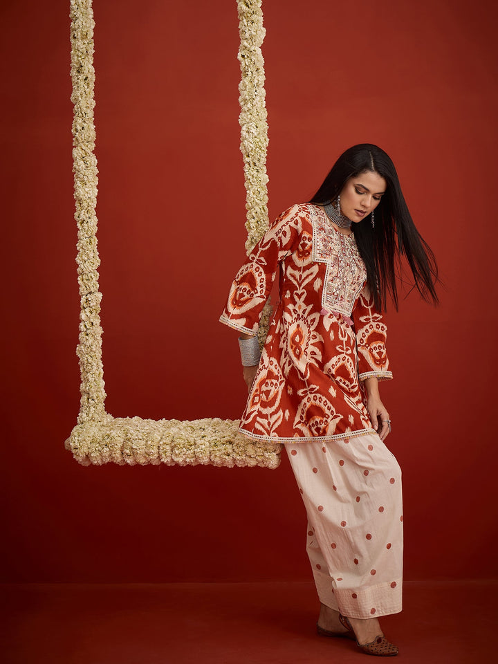 Rust Ikat Printed & Embroidered Cotton A-Line Short Kurti With Farshi Slawar Set