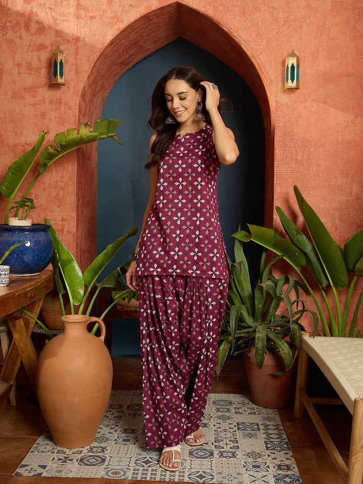 Rust Ethnic Motifs Printed Pure Cotton Straight Kurti With Farshi Salwar Set