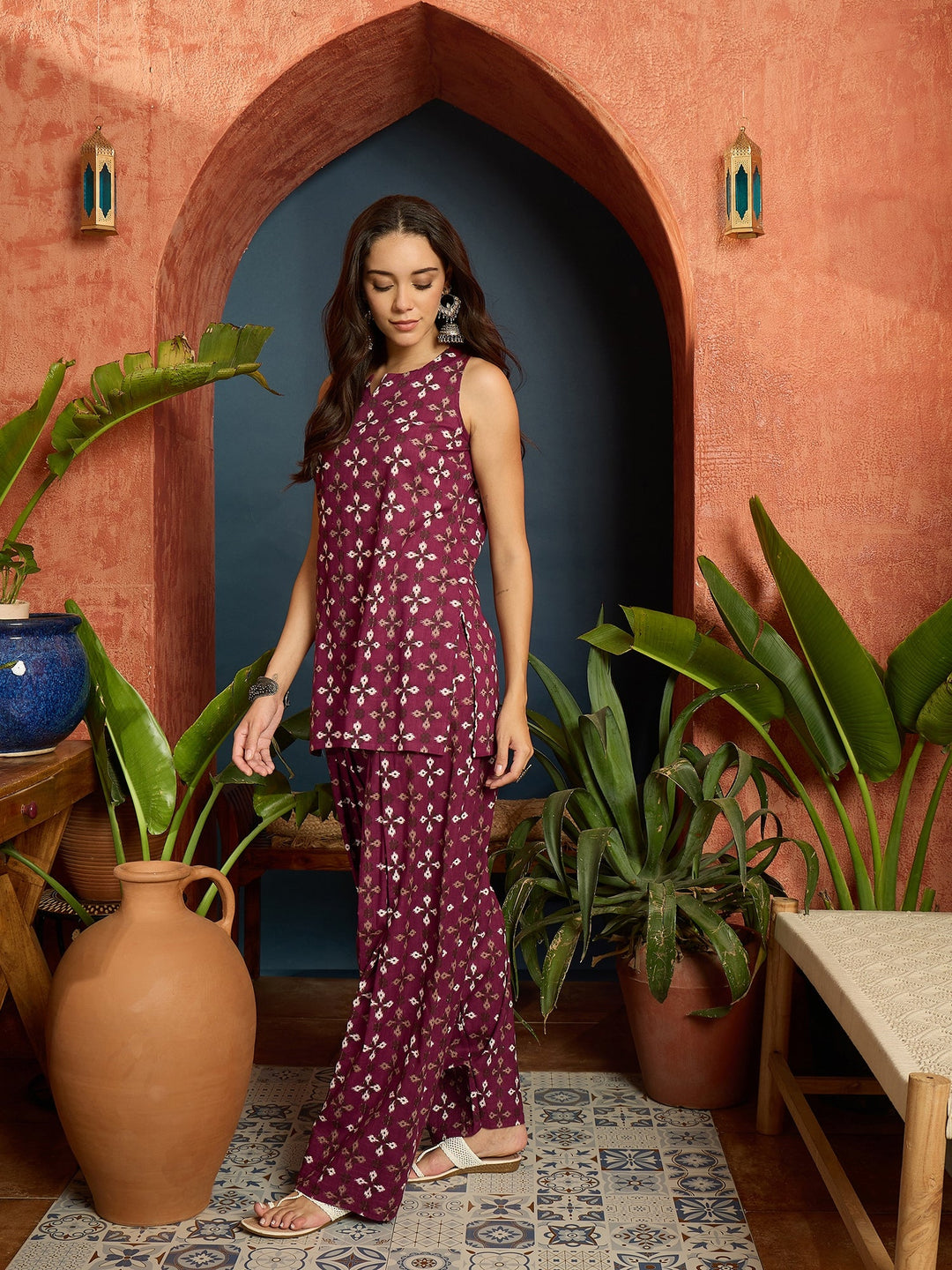 Rust Ethnic Motifs Printed Pure Cotton Straight Kurti With Farshi Salwar Set