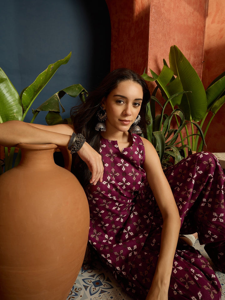 Rust Ethnic Motifs Printed Pure Cotton Straight Kurti With Farshi Salwar Set