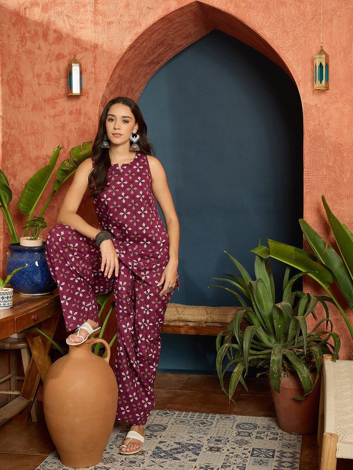 Rust Ethnic Motifs Printed Pure Cotton Straight Kurti With Farshi Salwar Set