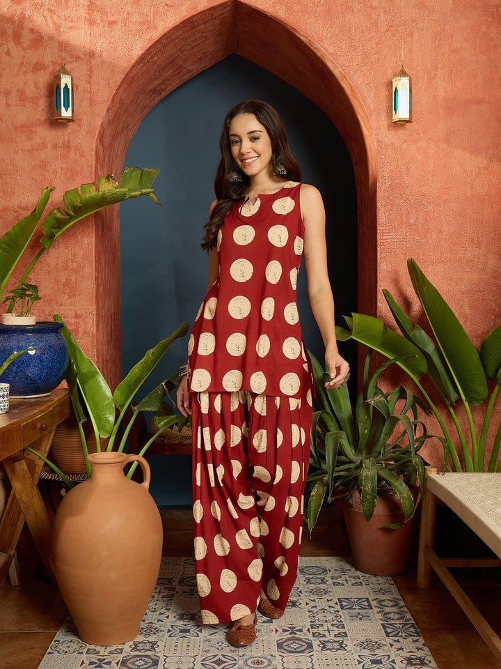 Rust Polka Dot Printed Pure Cotton Straight Kurti With Farshi Salwar Set