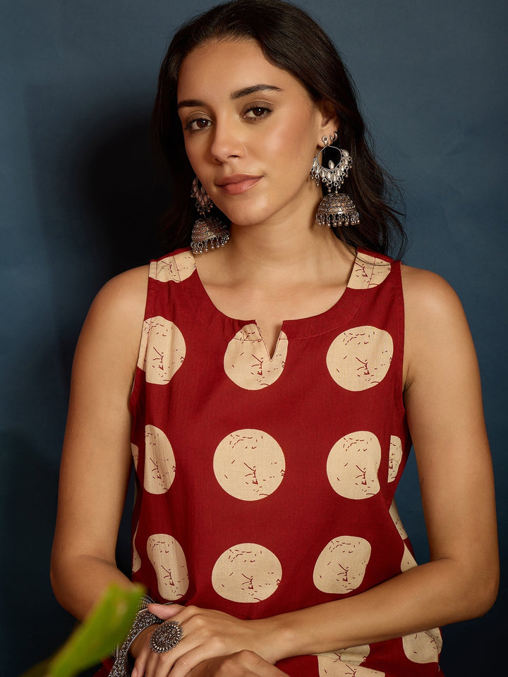 Rust Polka Dot Printed Pure Cotton Straight Kurti With Farshi Salwar Set