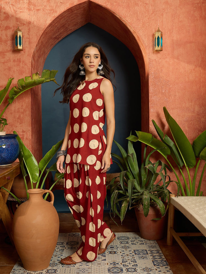 Rust Polka Dot Printed Pure Cotton Straight Kurti With Farshi Salwar Set