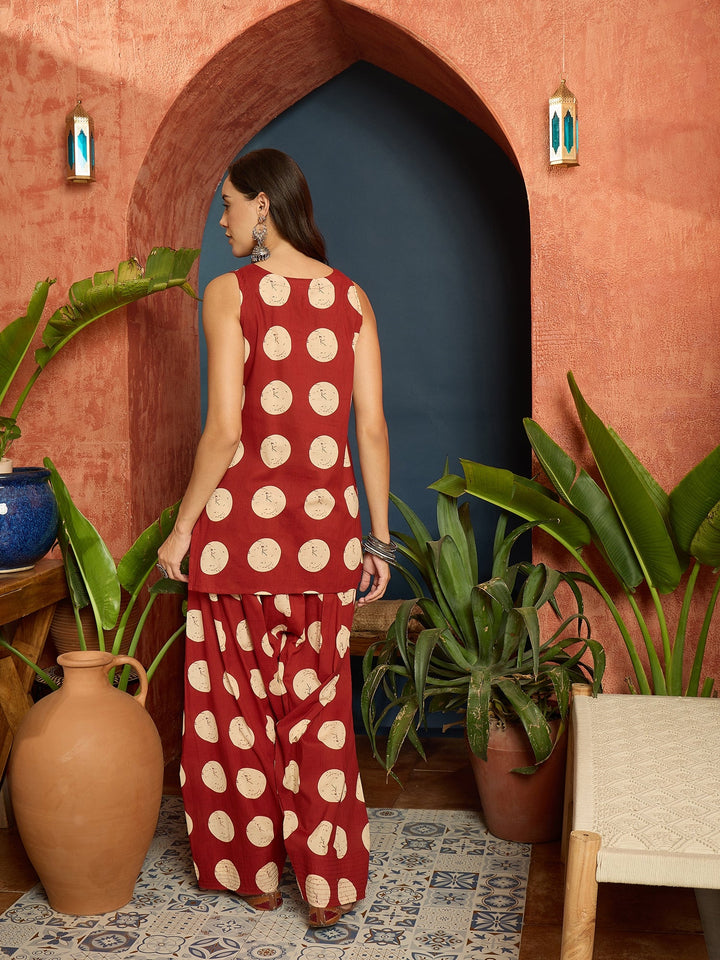 Rust Polka Dot Printed Pure Cotton Straight Kurti With Farshi Salwar Set