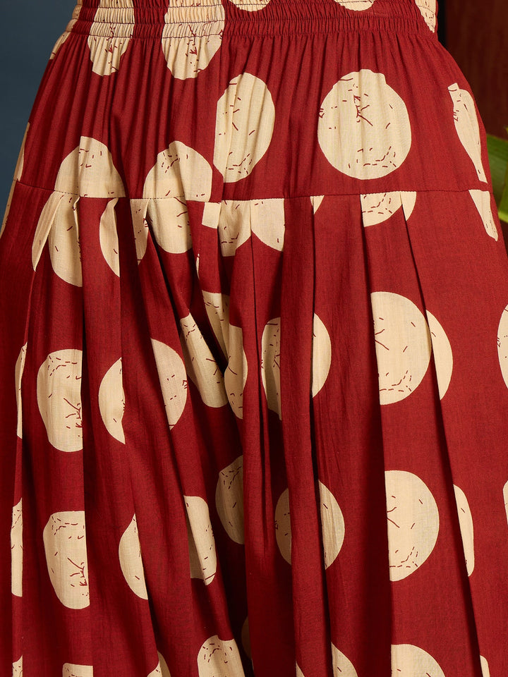 Rust Polka Dot Printed Pure Cotton Straight Kurti With Farshi Salwar Set