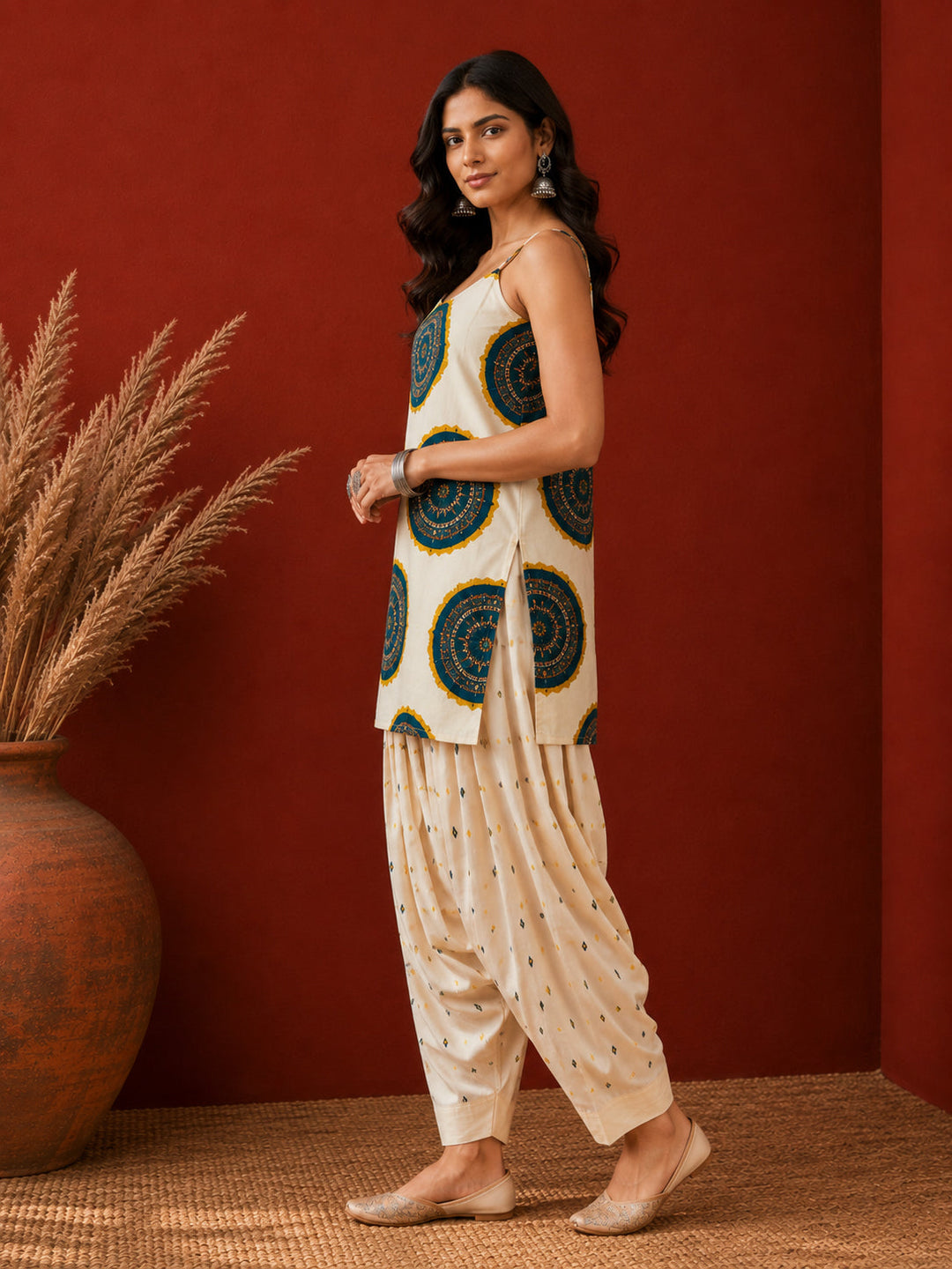 Teal Bandhej Printed Pure Cotton Staright Short Kurti With Farshi Salwar