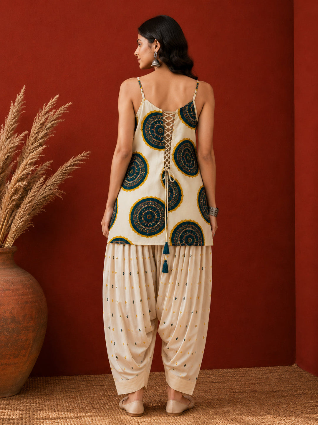 Teal Bandhej Printed Pure Cotton Staright Short Kurti With Farshi Salwar