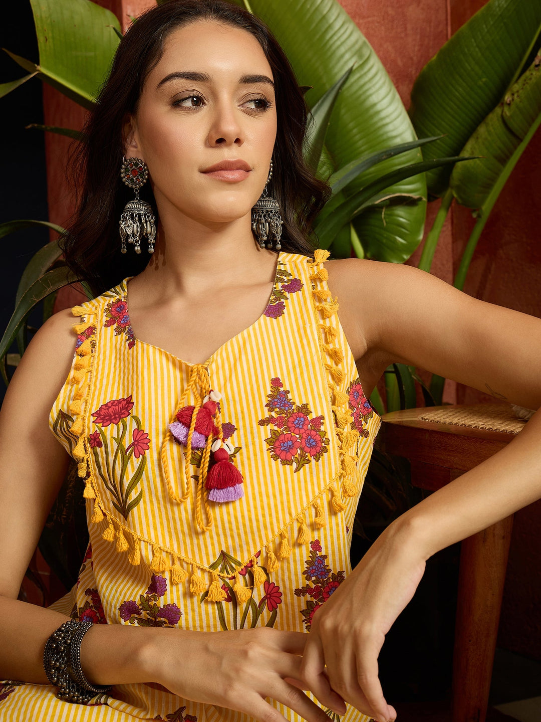 Yellow Floral Printed Pure Cotton Straight Short Kurti With Farshi Salwar Set
