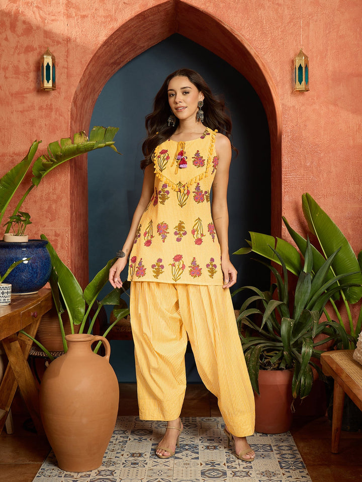 Yellow Floral Printed Pure Cotton Straight Short Kurti With Farshi Salwar Set