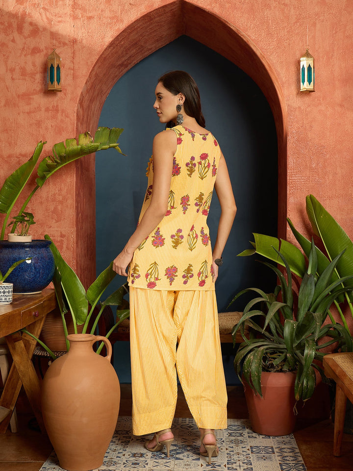 Yellow Floral Printed Pure Cotton Straight Short Kurti With Farshi Salwar Set
