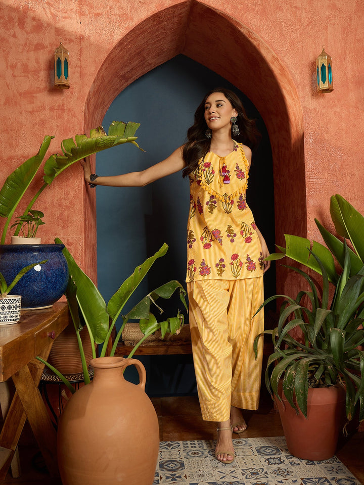 Yellow Floral Printed Pure Cotton Straight Short Kurti With Farshi Salwar Set