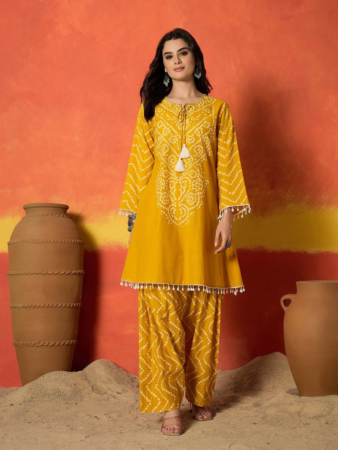 Yellow Bandhej Printed Pure Cotton A-Line Kurti With Farshi Salwar