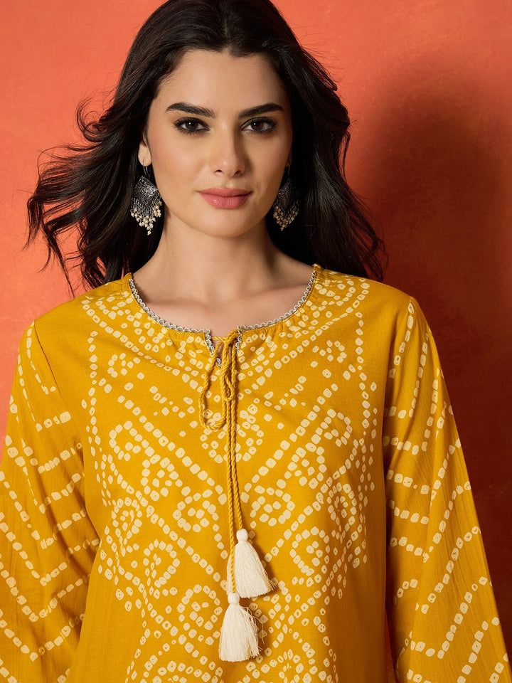 Yellow Bandhej Printed Pure Cotton A-Line Kurti With Farshi Salwar
