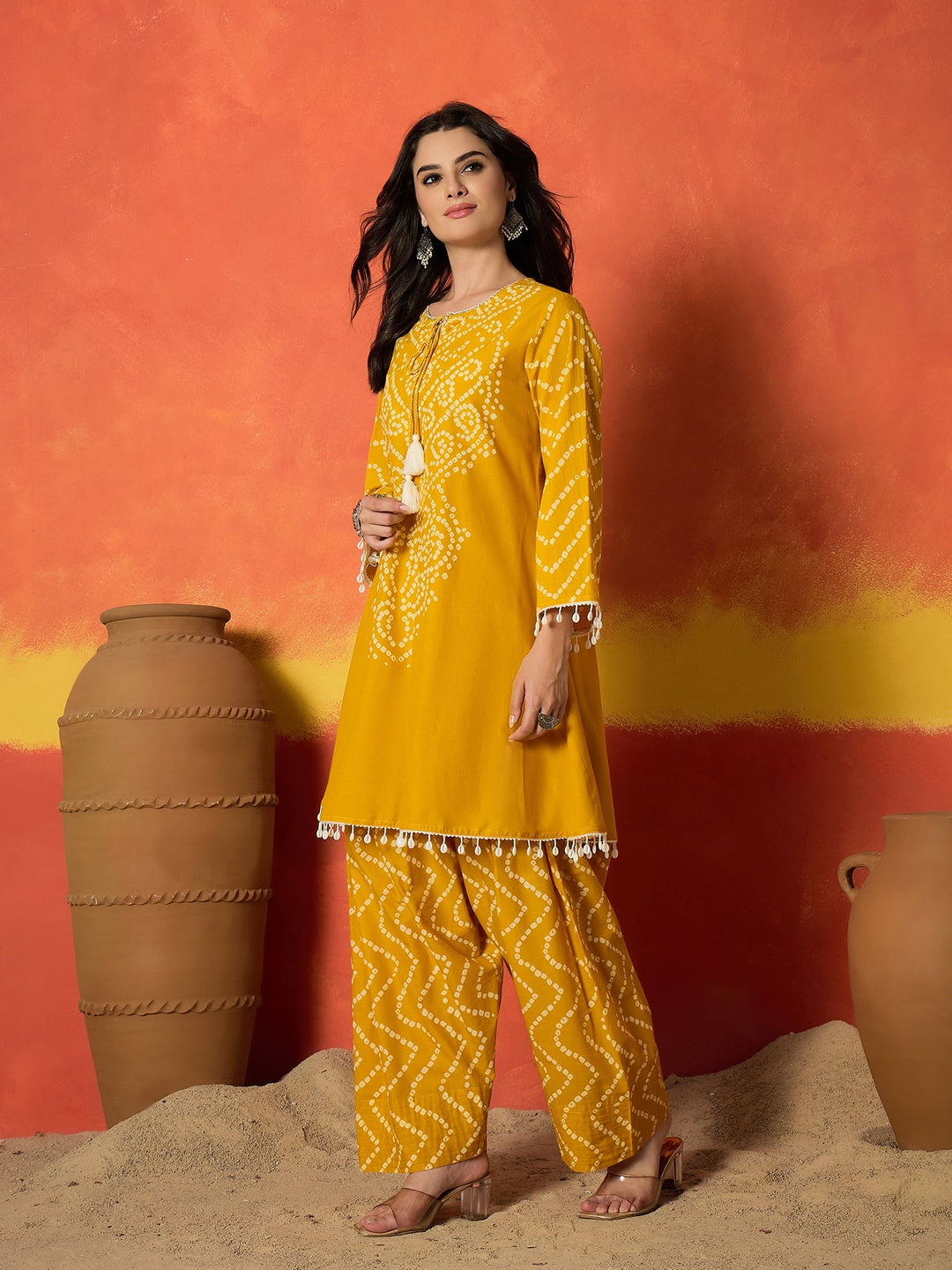 Yellow Bandhej Printed Pure Cotton A-Line Kurti With Farshi Salwar