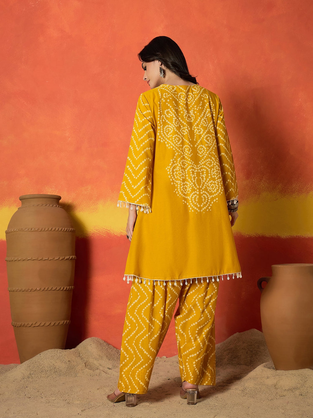 Yellow Bandhej Printed Pure Cotton A-Line Kurti With Farshi Salwar