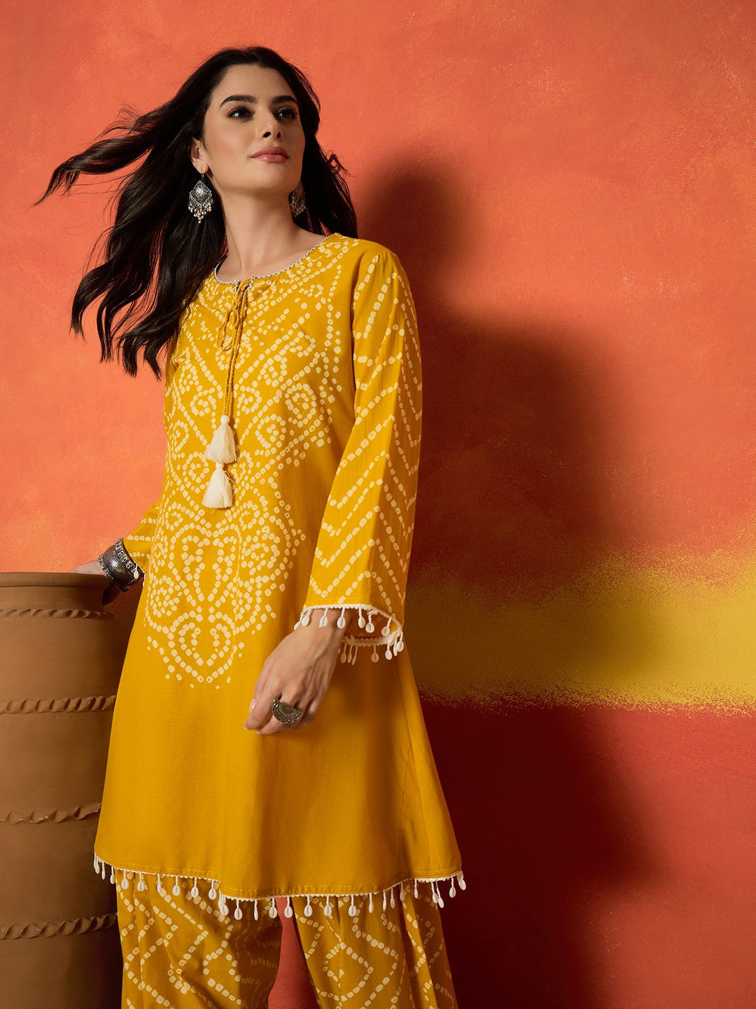 Yellow Bandhej Printed Pure Cotton A-Line Kurti With Farshi Salwar