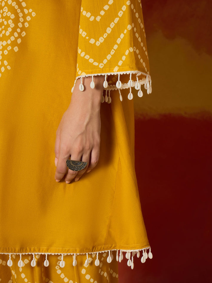 Yellow Bandhej Printed Pure Cotton A-Line Kurti With Farshi Salwar