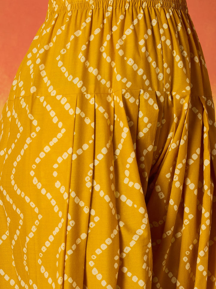 Yellow Bandhej Printed Pure Cotton A-Line Kurti With Farshi Salwar
