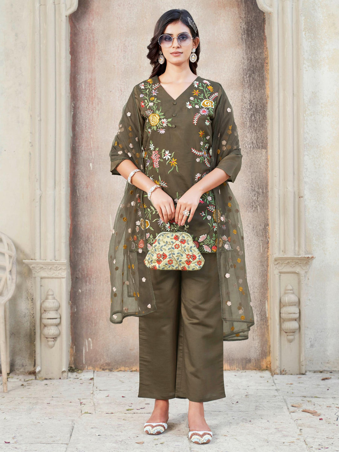Brown-Silk-Blend-Floral-Print-Straight-3-Piece-Kurta-Set