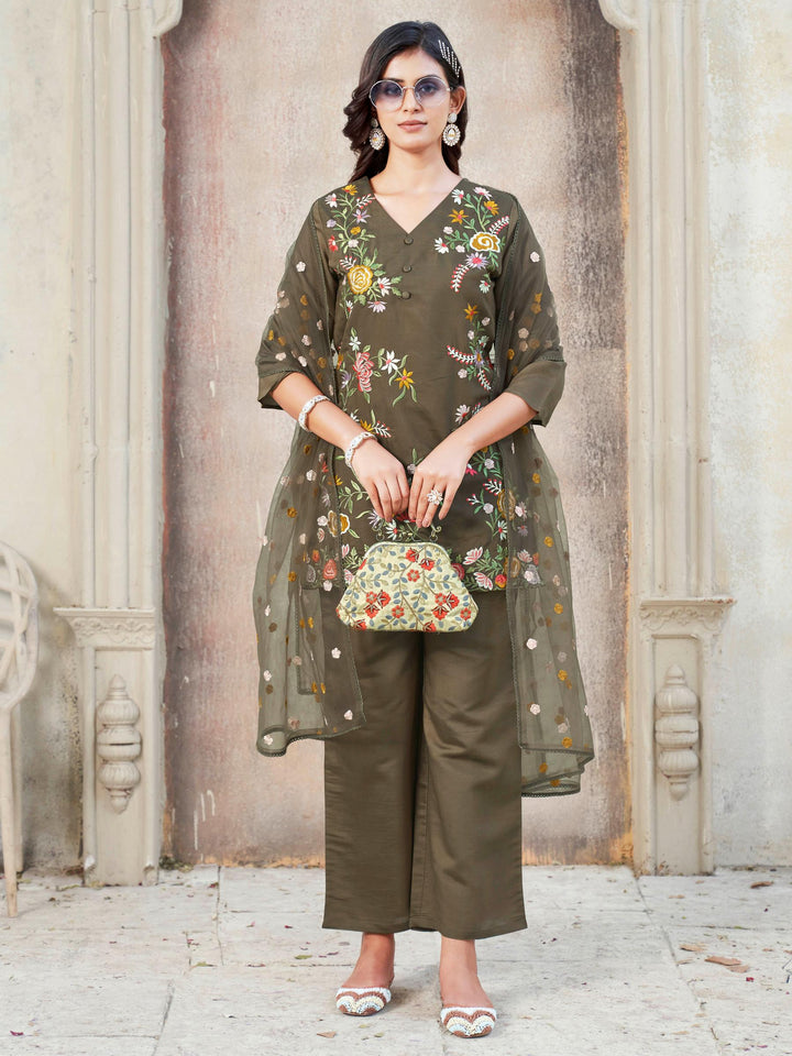 Brown-Silk-Blend-Floral-Print-Straight-3-Piece-Kurta-Set