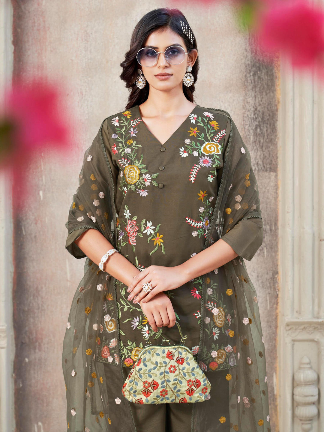 Brown-Silk-Blend-Floral-Print-Straight-3-Piece-Kurta-Set
