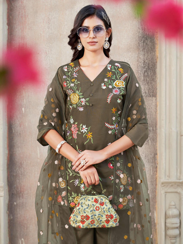 Brown-Silk-Blend-Floral-Print-Straight-3-Piece-Kurta-Set