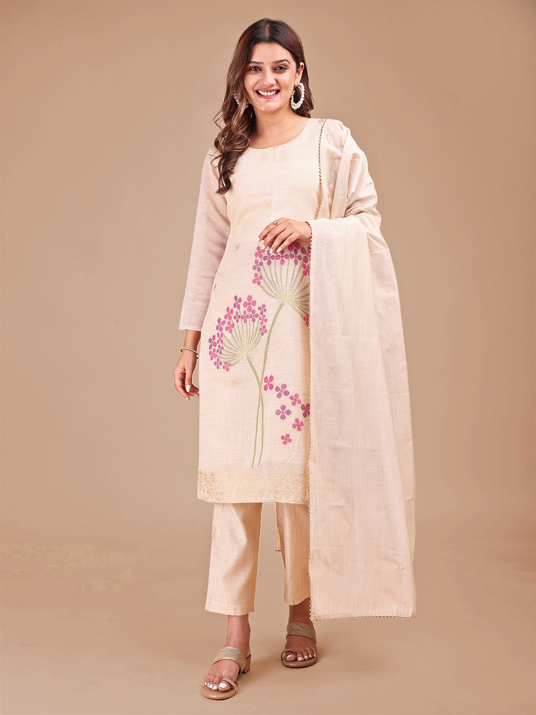 Beige-Polyester-Weaving-Pattern-3-Piece-Kurta-Set