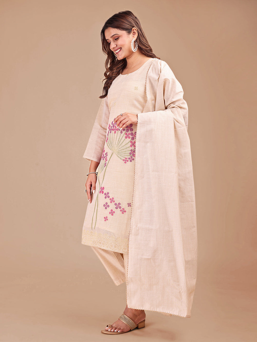 Beige-Polyester-Weaving-Pattern-3-Piece-Kurta-Set