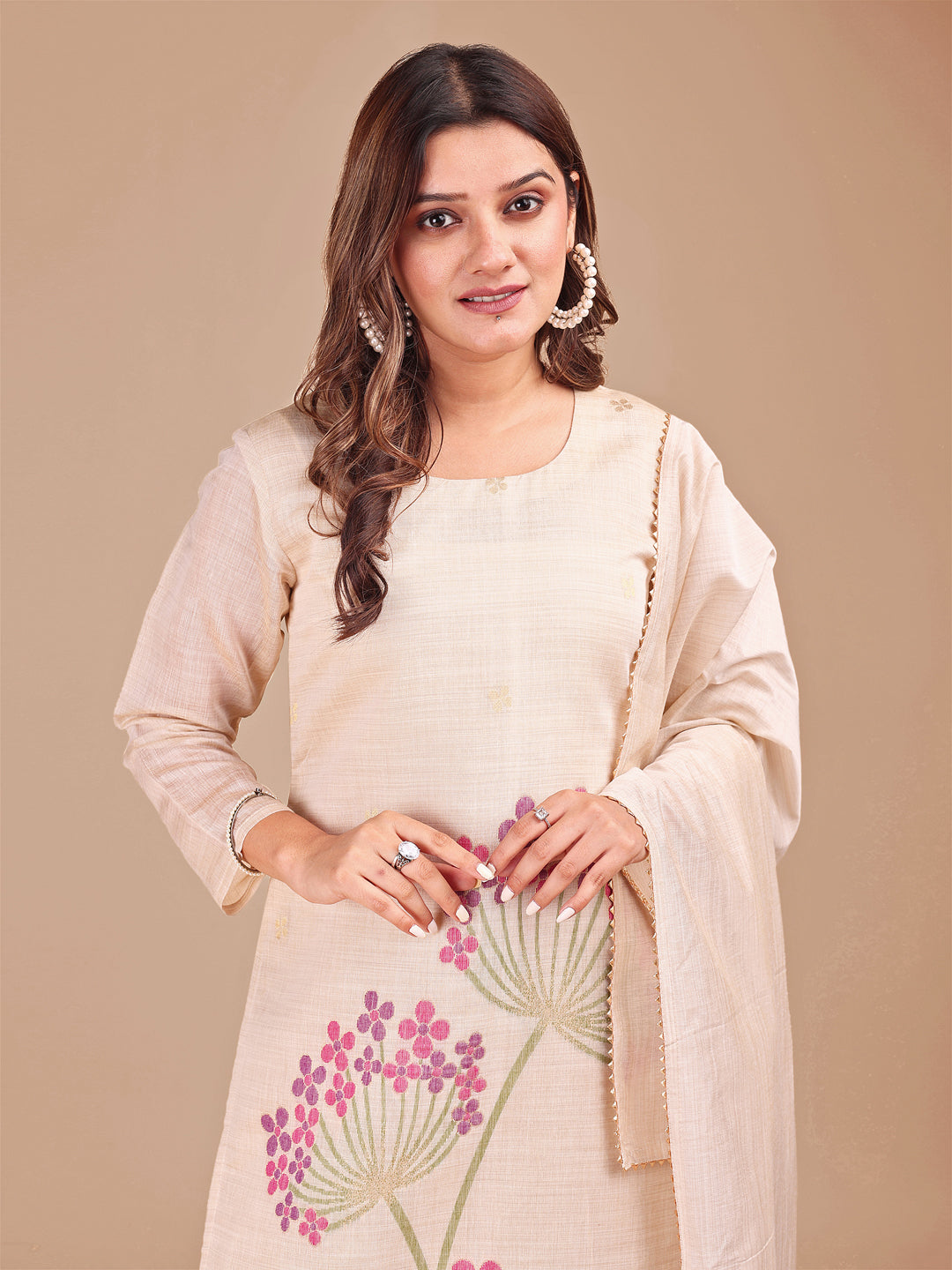 Beige-Polyester-Weaving-Pattern-3-Piece-Kurta-Set