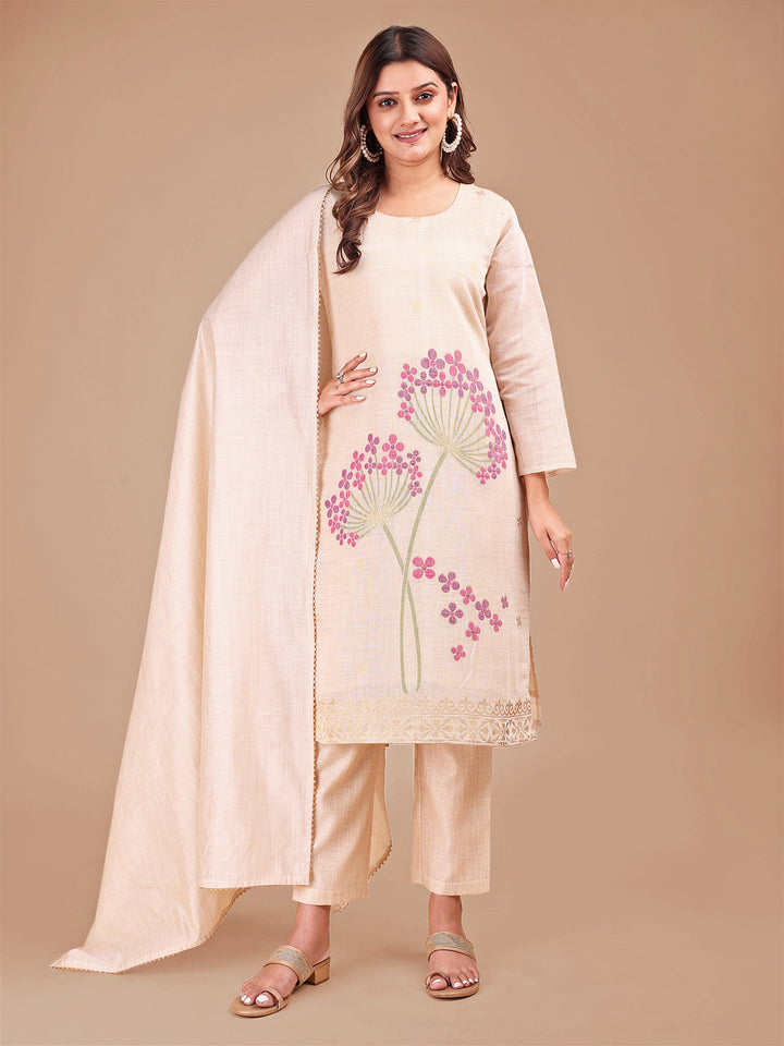 Beige-Polyester-Weaving-Pattern-3-Piece-Kurta-Set