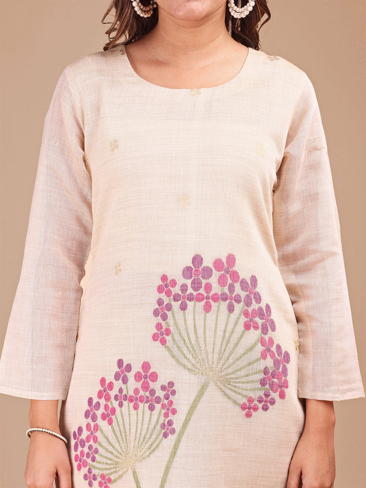 Beige-Polyester-Weaving-Pattern-3-Piece-Kurta-Set