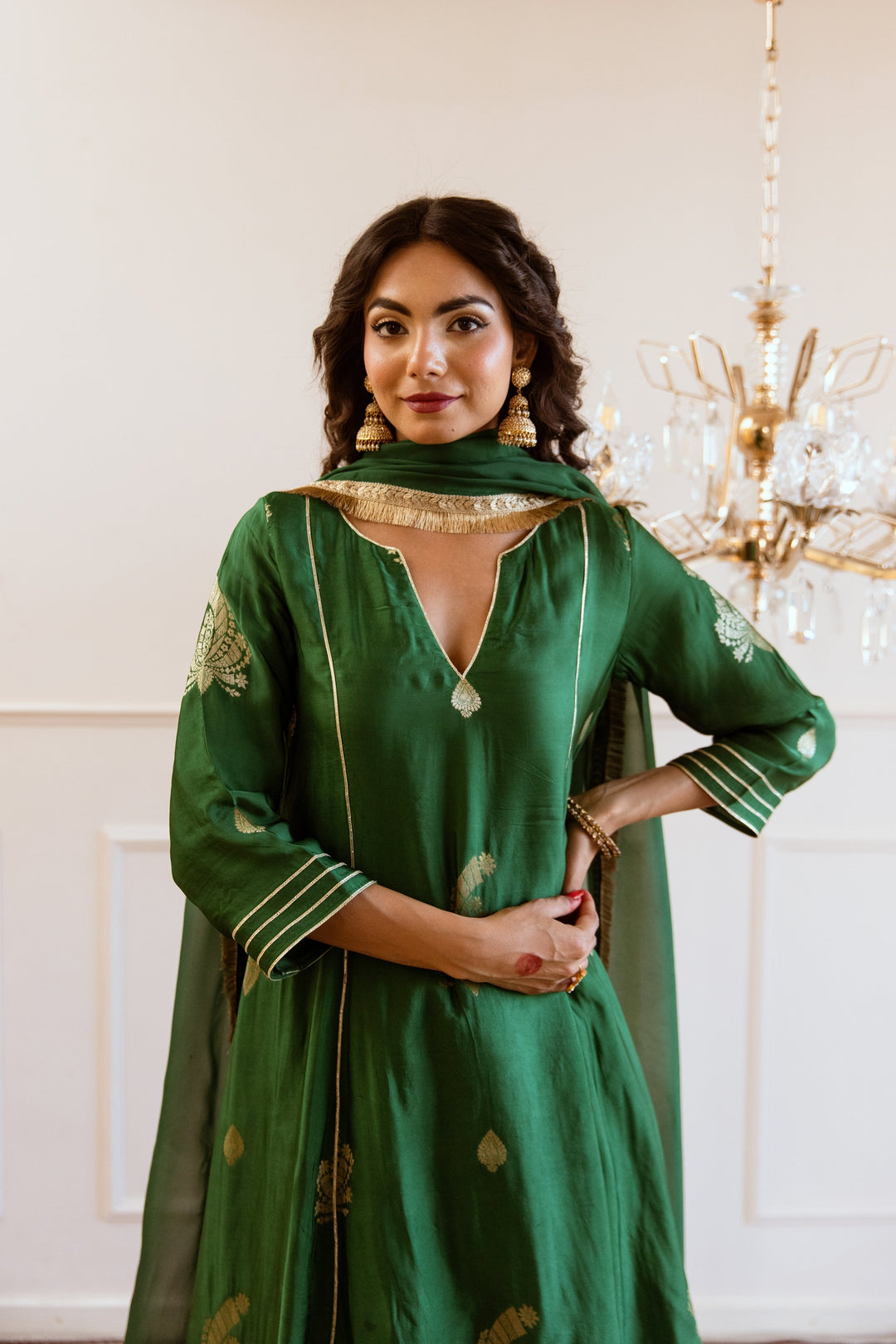 Kale-Green-Muslin-Silk-V-Neck-Anarkali-Set