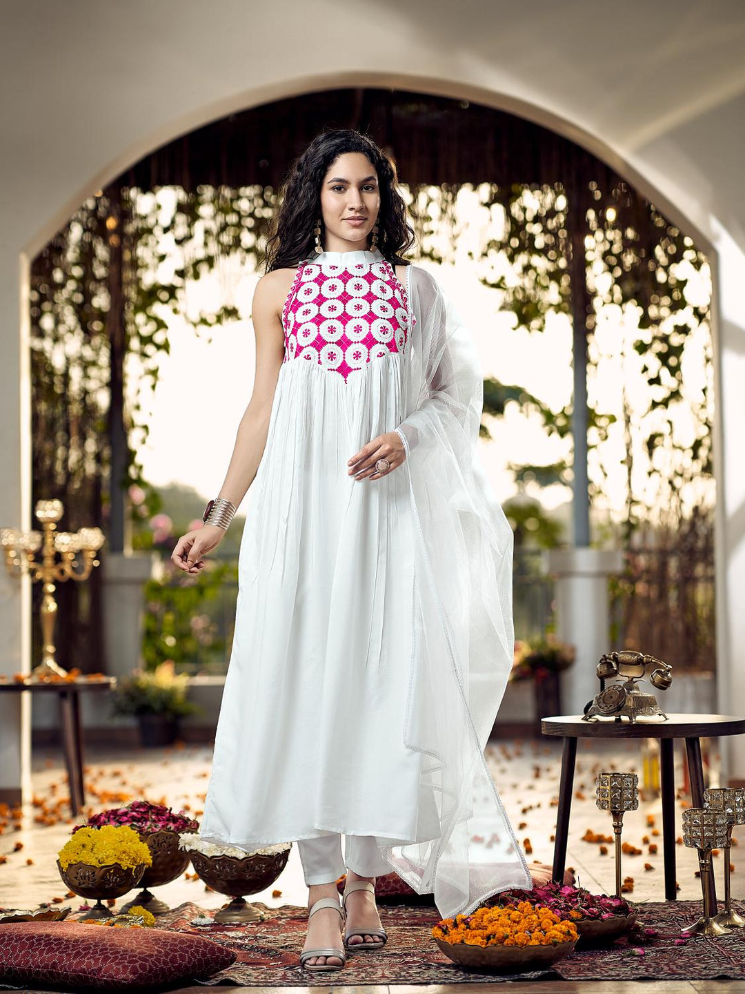 White-Rayon-Embroidered-Gathered-3-Piece-Kurta-Set