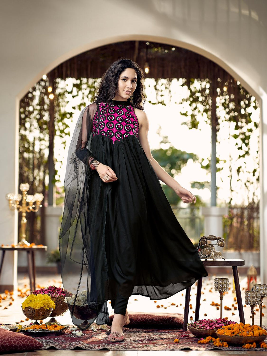 Black-Rayon-Halter-Neck-Gathered-3-Piece-Kurta-Set