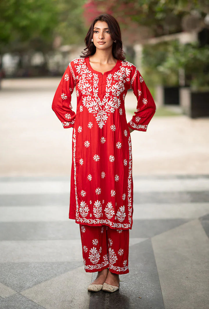 Laira-Red-Rayon-Three-Fourth-Sleeves-2-Piece-Kurta-Set