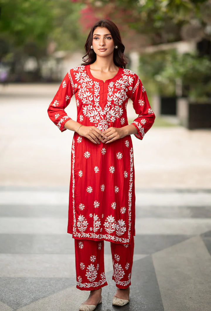 Laira-Red-Rayon-Three-Fourth-Sleeves-2-Piece-Kurta-Set