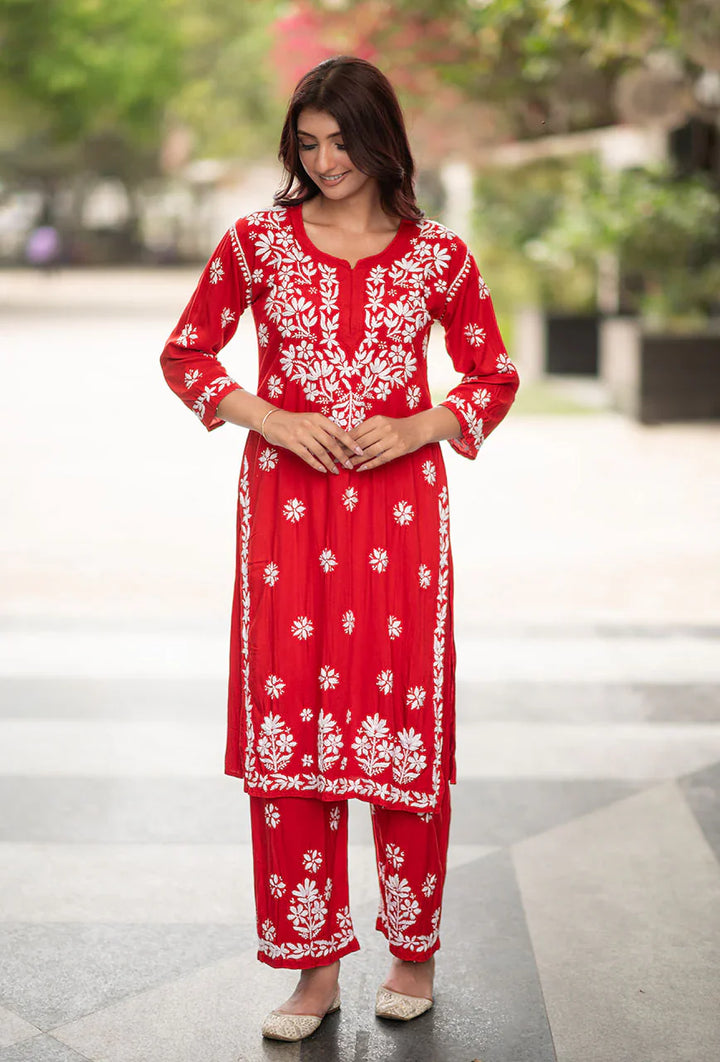 Laira-Red-Rayon-Three-Fourth-Sleeves-2-Piece-Kurta-Set