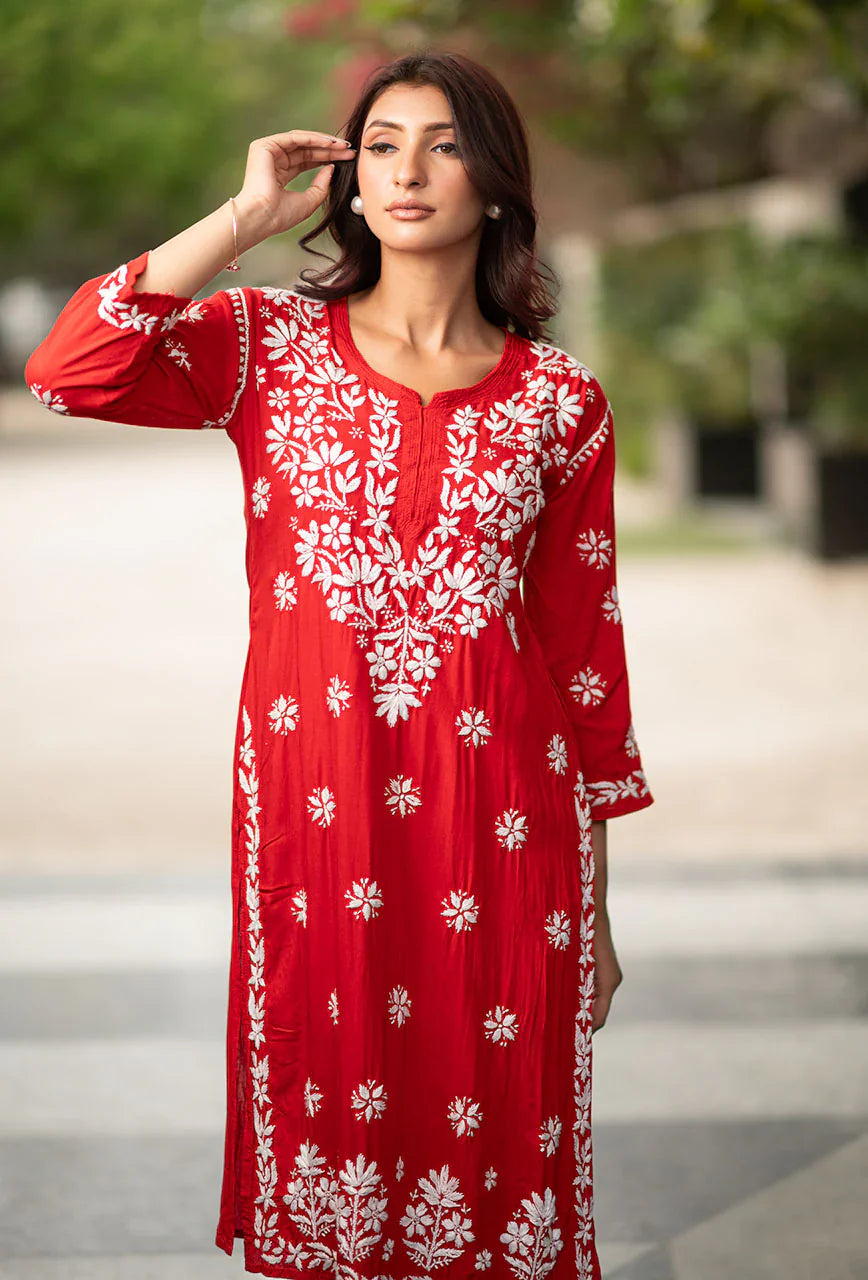 Laira-Red-Rayon-Three-Fourth-Sleeves-2-Piece-Kurta-Set