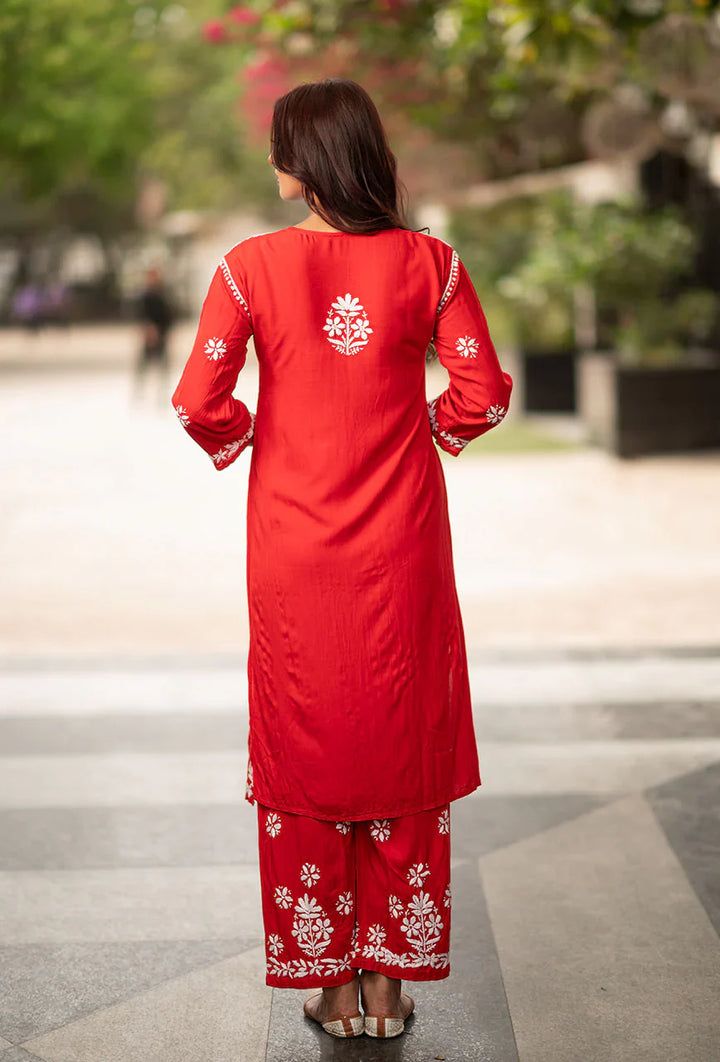 Laira-Red-Rayon-Three-Fourth-Sleeves-2-Piece-Kurta-Set