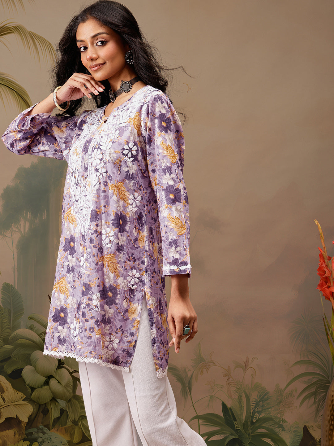 Lavender Cotton Lucknowi Chikankari Tunic Only