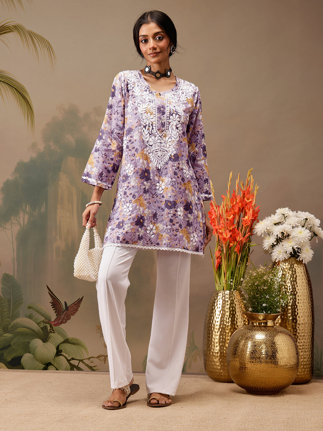 Lavender Cotton Lucknowi Chikankari Tunic Only