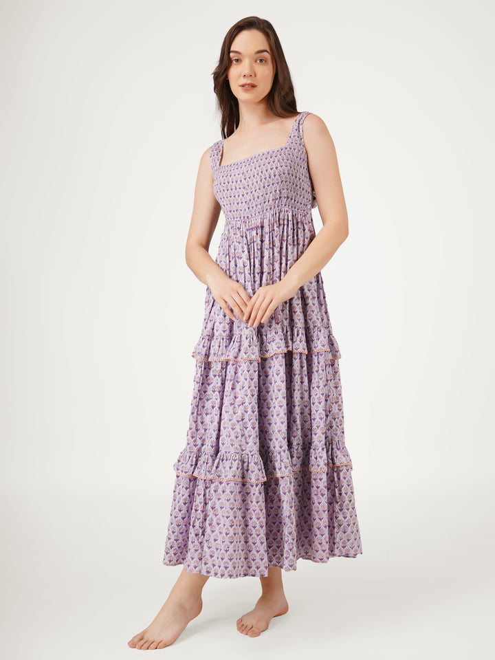 Lavender-Cotton-Tiered-Dress-With-Back-Bow-Details